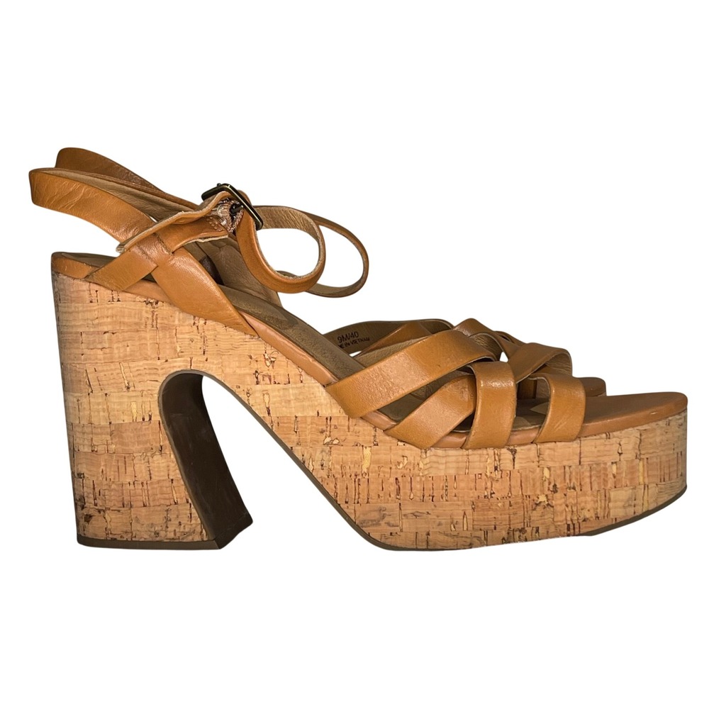 Crown Vintage Tan Leather Cork Platform Block Heel Strappy Sandals 9M